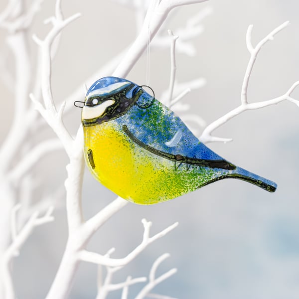 Blue Tit Garden Bird Side View - Fused Glass Hanging - Sun Catcher - Gift