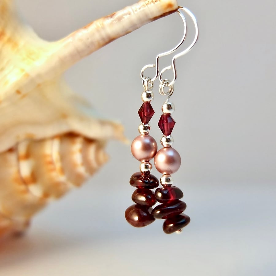 Garnet, Sterling Silver And Swarovski Pearl Earrings - Handmade In Devon