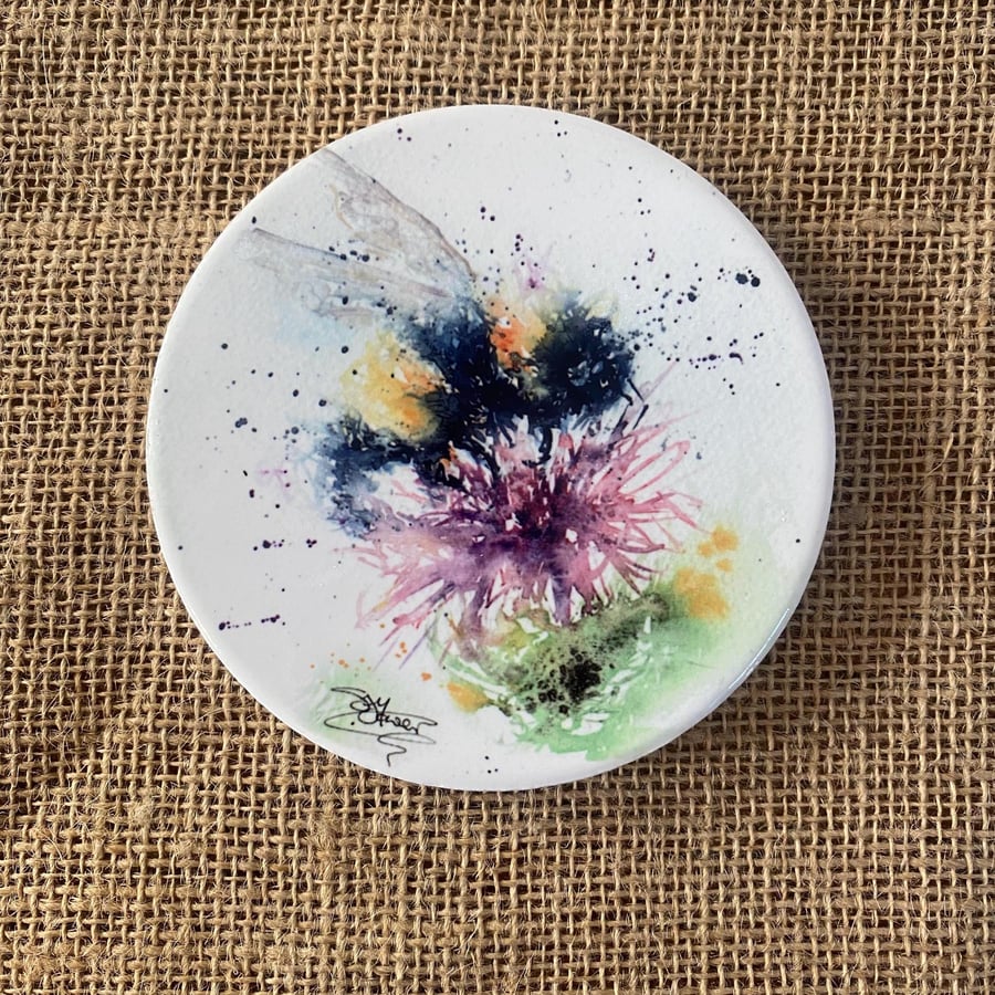Bumblebee Ceramic Coaster with cork base, 10cm Round Coaster. From a Watercolour
