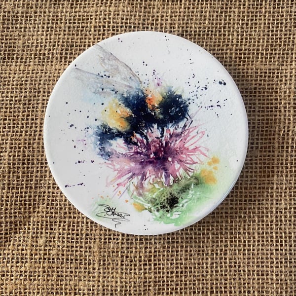 Bumblebee Ceramic Coaster with cork base, 10cm Round Coaster. From a Watercolour