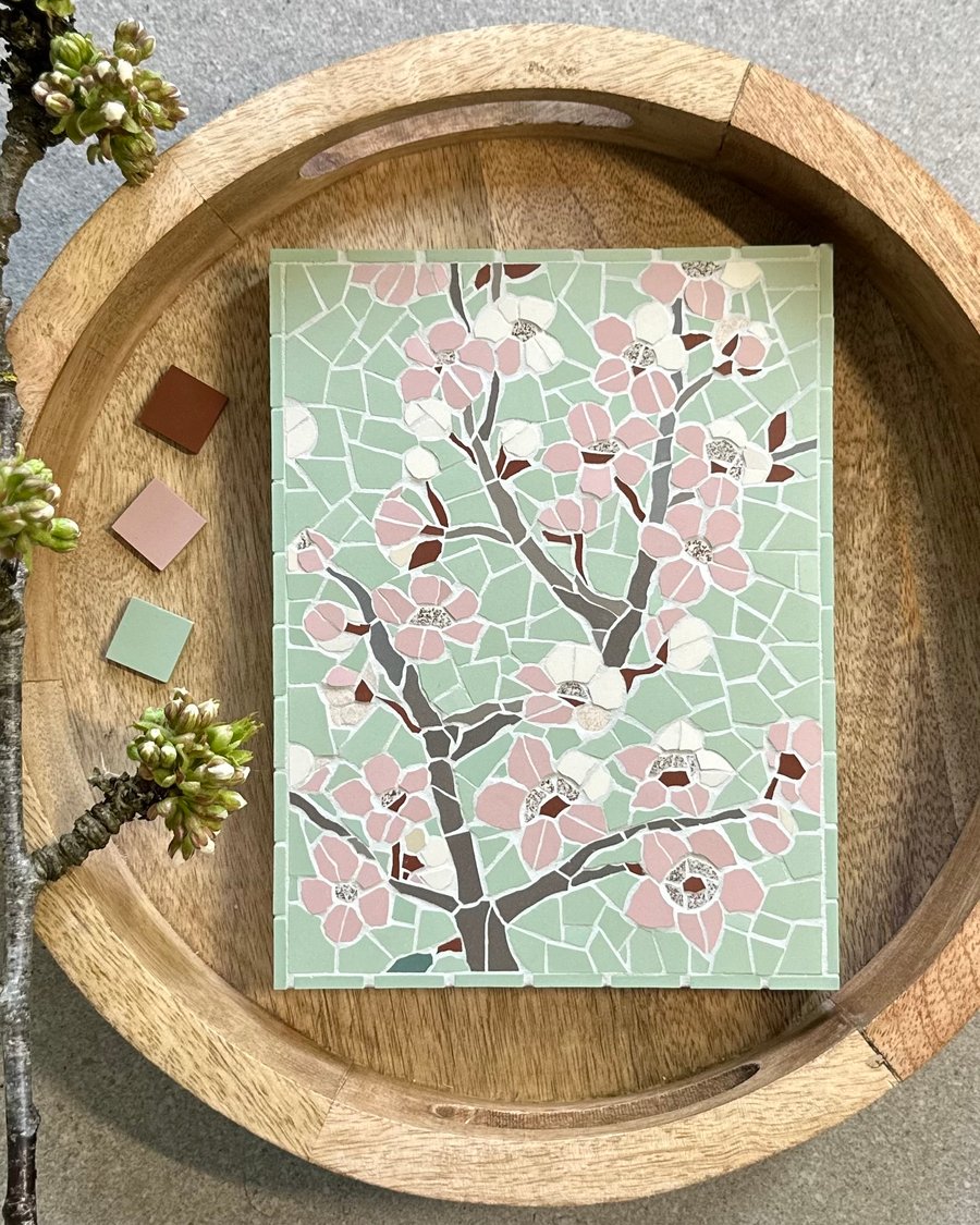 Mosaic Floral Art - Cherry Blossom Mosaic Wall Plaque in Pink and Pistachio 