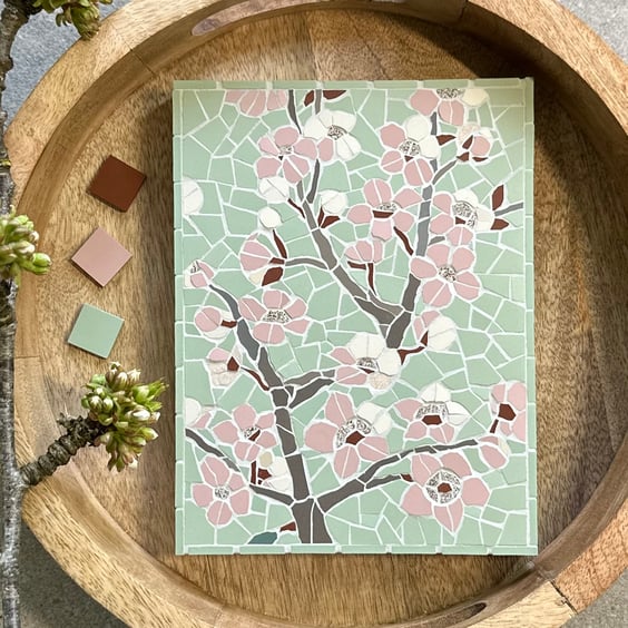 Mosaic Floral Art - Cherry Blossom Mosaic Wall Plaque in Pink and Pistachio 
