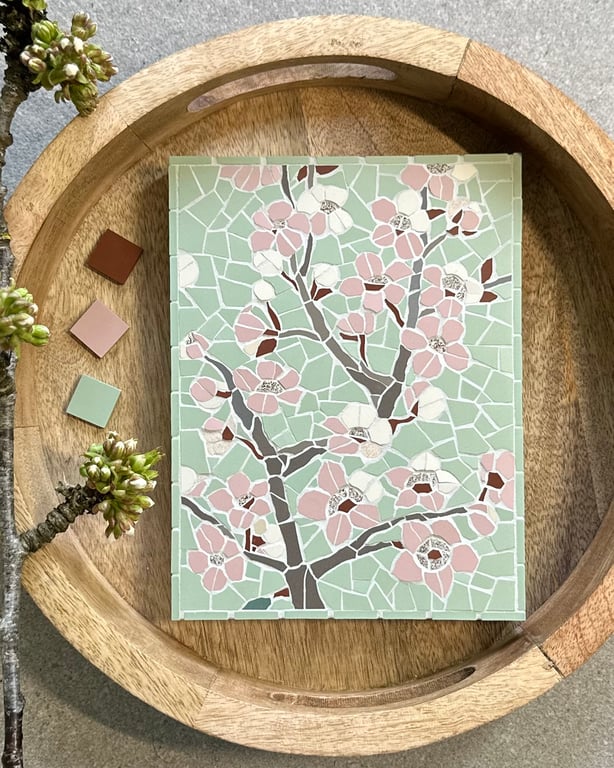 Mosaic Floral Art - Cherry Blossom Mosaic Wall Plaque in Pink and Pistachio 