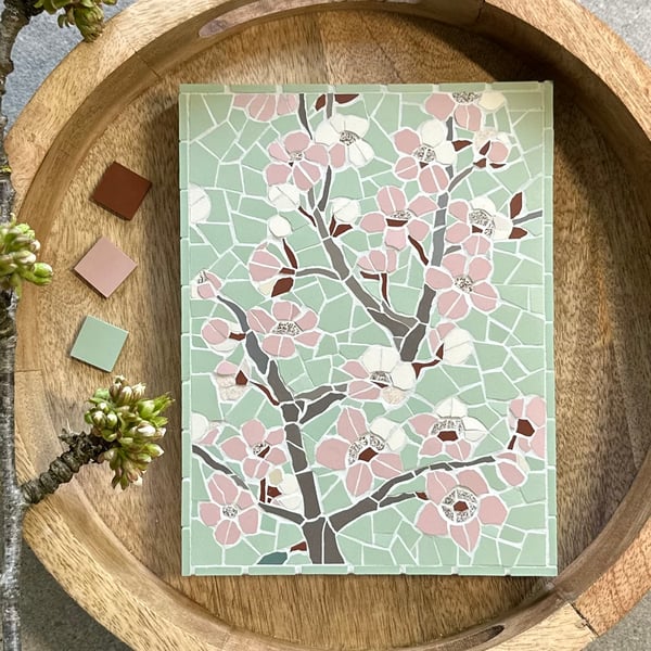 Mosaic Floral Art - Cherry Blossom Mosaic Wall Plaque in Pink and Pistachio 