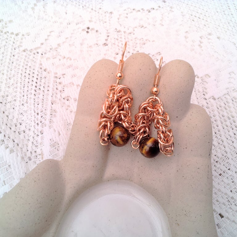 Rose Gold Byzantine Chain Maille and Tigers Eye Earrings, Gift for Her