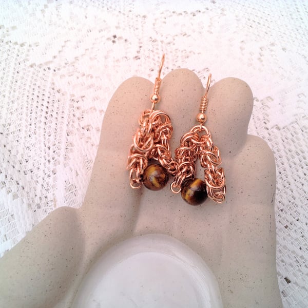 Rose Gold Byzantine Chain Maille and Tigers Eye Earrings, Gift for Her