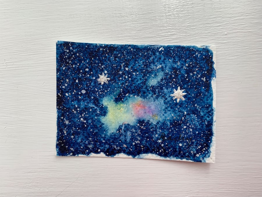 ACEO Original Abstract Watercolour Painting Nebula and Two Stars