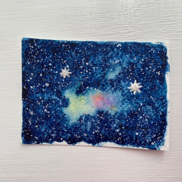 ACEO Original Abstract Watercolour Painting Nebula and Two Stars