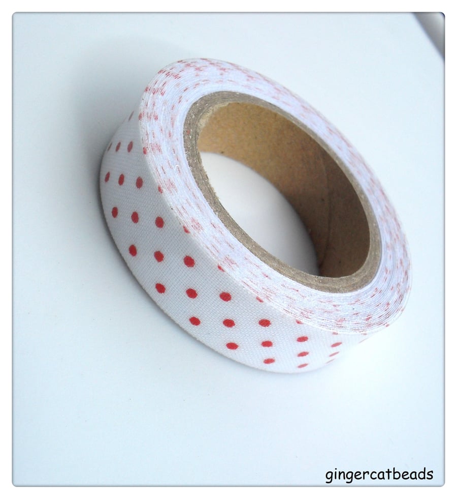 5m Roll Self-Adhesive Fabric Ribbon Tape - 15mm - Polka Dot - White