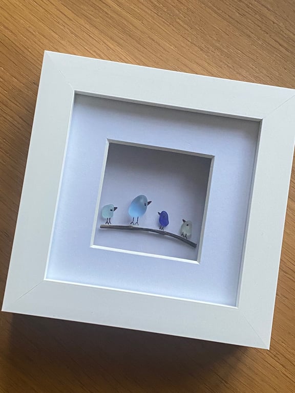 Sea Glass Birds on a Branch, Sea Glass Handmade Frame, Unique Birthday Gift, Fam