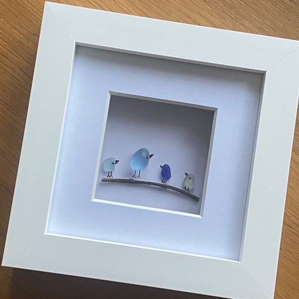 Sea Glass Birds on a Branch, Sea Glass Handmade Frame, Unique Birthday Gift, Fam