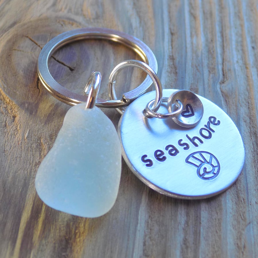 Sea glass and aluminium stamped keyring