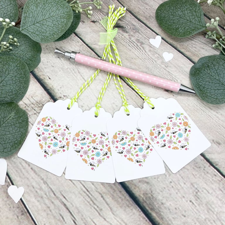 Floral Bees Heart Gift Tags - set of 4 tags - Birthday tag