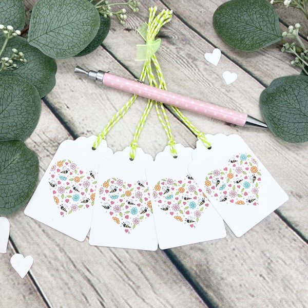 Floral Bees Heart Gift Tags - set of 4 tags - Birthday tag