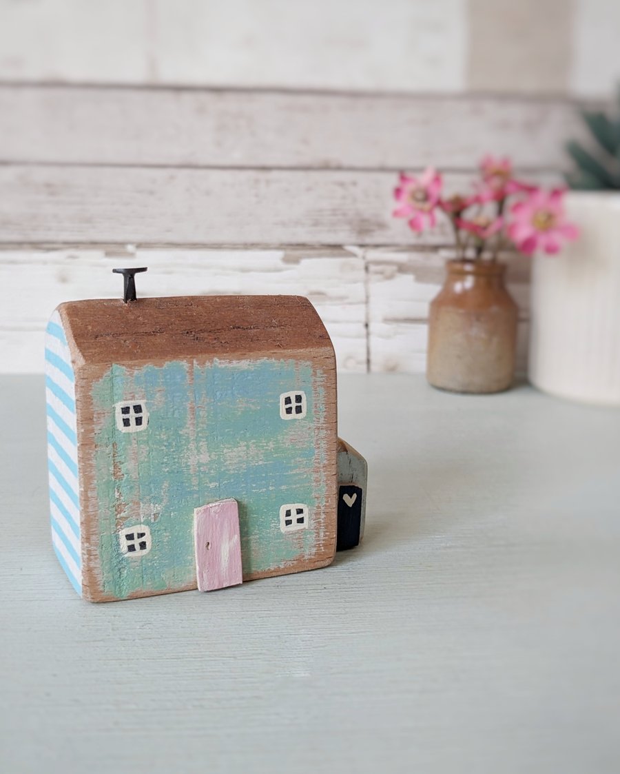 Little Handmade Painted Wooden House with Teeny Side Shed