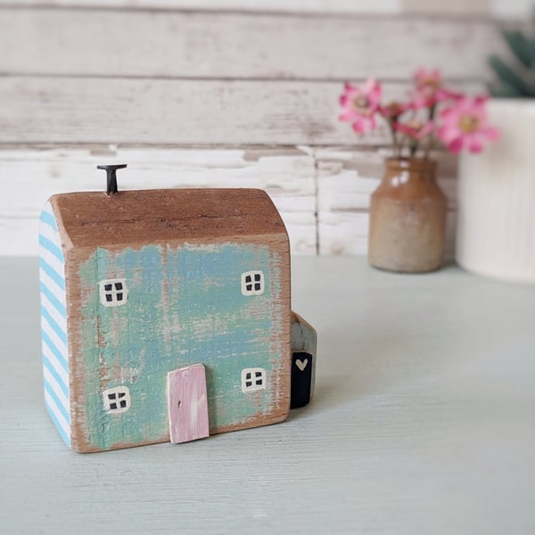 Little Handmade Painted Wooden House with Teeny Side Shed
