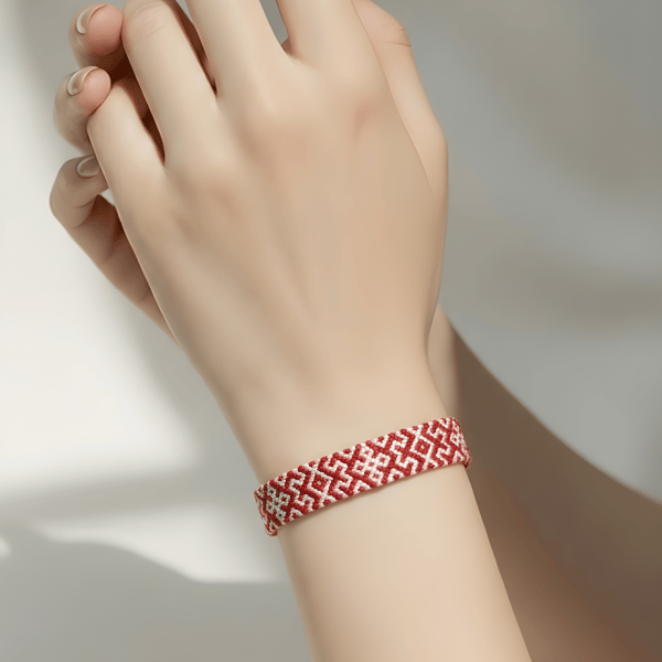 Red Geometric Woven Bracelet – Handcrafted in the UK