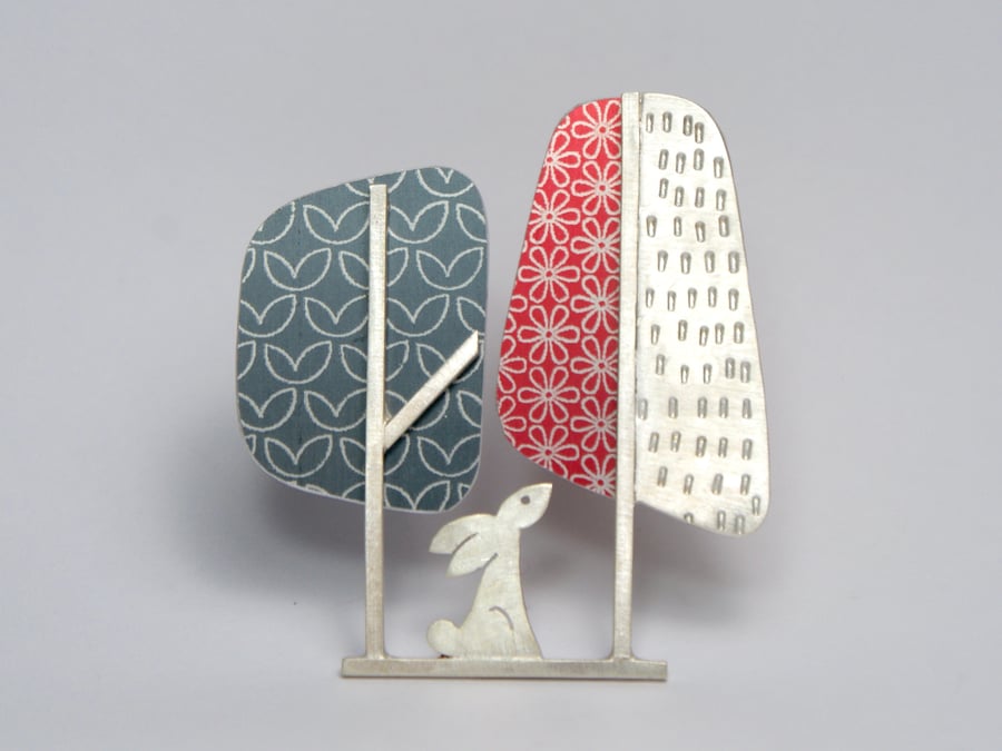 Hare and trees brooch