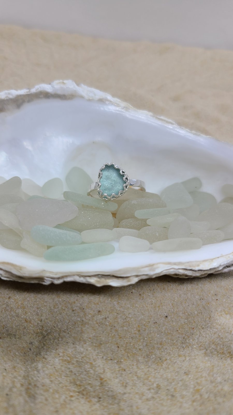 Seafoam green sea glass and silver ring SG15