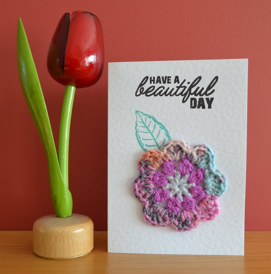 Greeting card with multi-colour crochet flower - No. 08