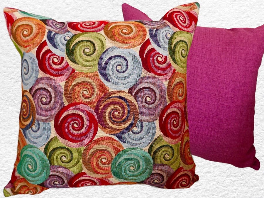 Cushion with Pad: Tapestry Swirls design Pink reverse 17" (43cm)