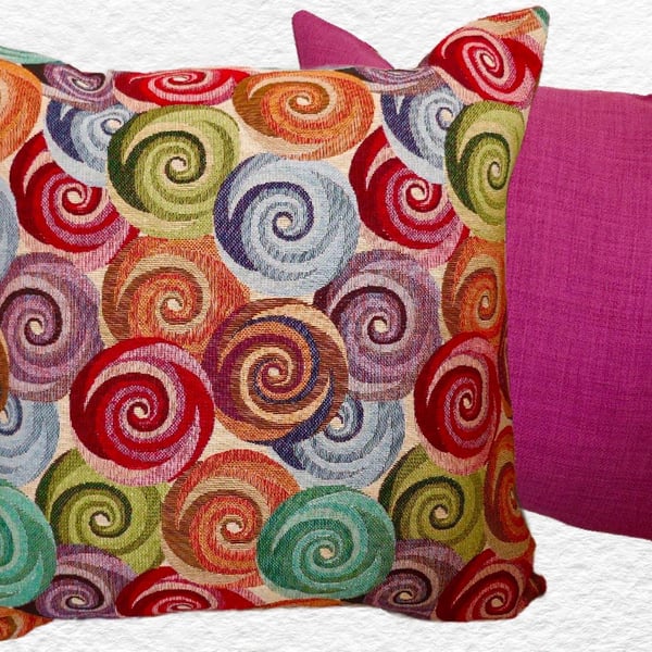 Scatter Cushion: Tapestry Swirls design Pink reverse 17” (43cm)