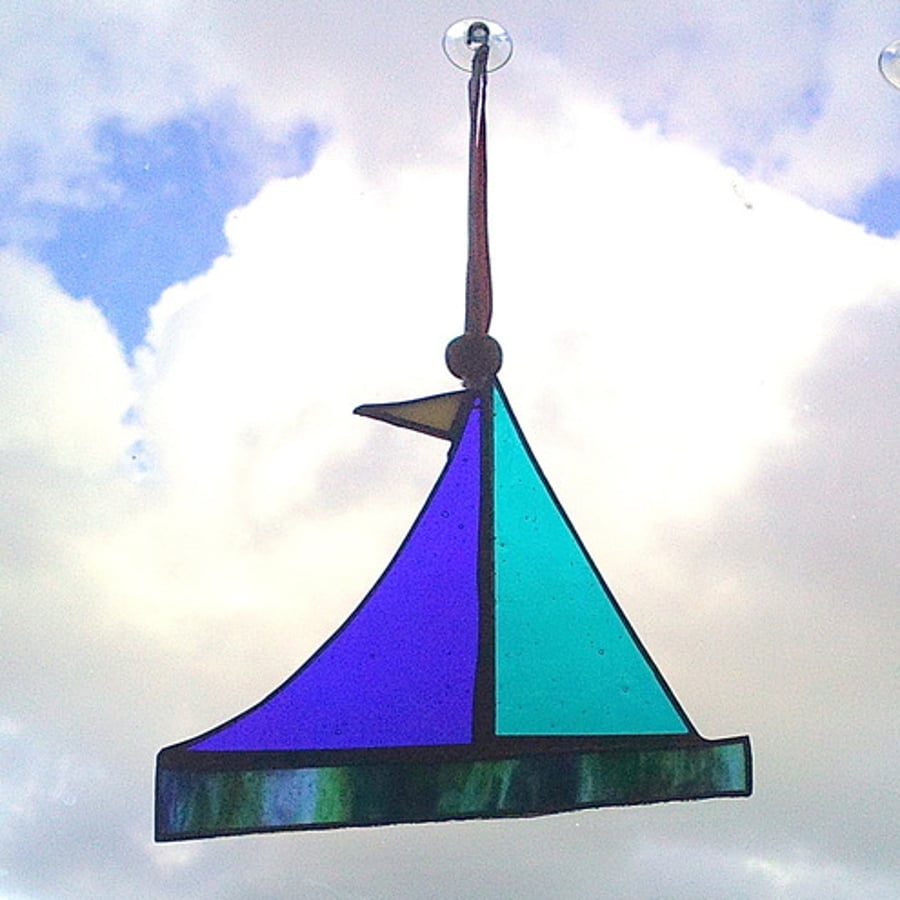 Blue and Green Stained Glass Sail Boat Suncatcher