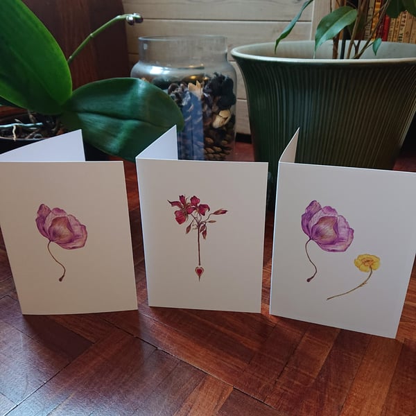 3 Floral Greeting Cards Set, Flower, Flowers, Gothic Art, Whimsical Art, Nature,