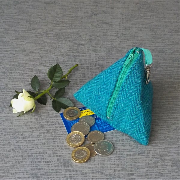 Harris tweed purse pyramid coin purse teal herringbone sea blue green