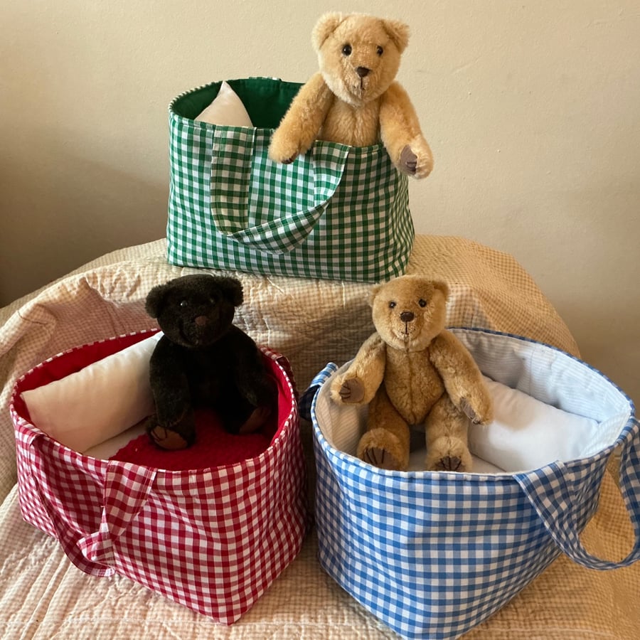 Handmade Fabric Carry Basket, with teddy bear, bedding and crocheted blanket