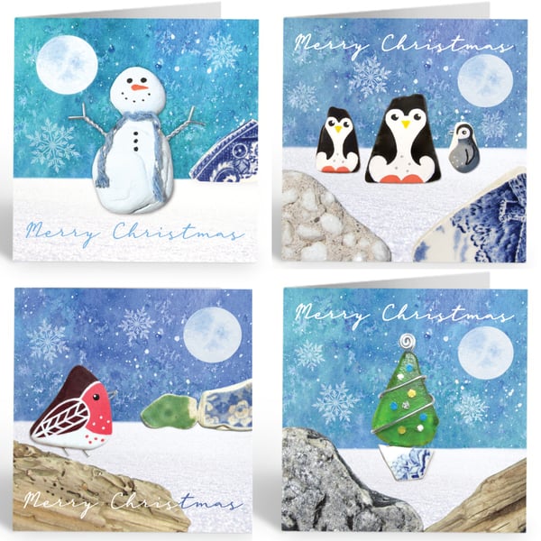 Christmas Cards (8 Pack) - Beach Pebble Art - Snowman, Robin, Penguin, Tree