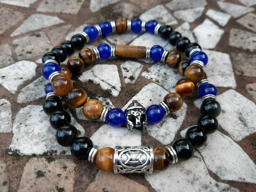 Unisex Tigers eye, Black Obsidian and Blue Jade Bracelet Set