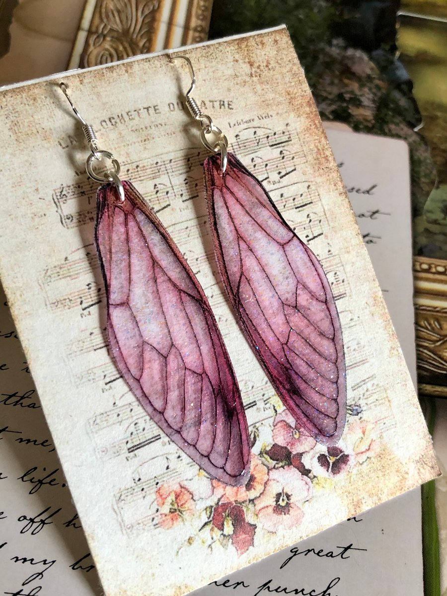 Large Dark Pink Fairy Wing Sterling Silver Earrings