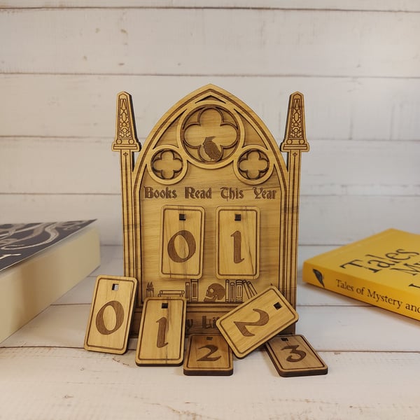 Personalised Gothic Book Tracker –  Solid Walnut Books Read This Year Counter
