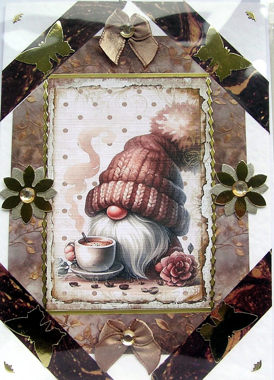 Coffee Drinking Gnome - Hand Crafted Decoupage Greeting Card - Blank 2825