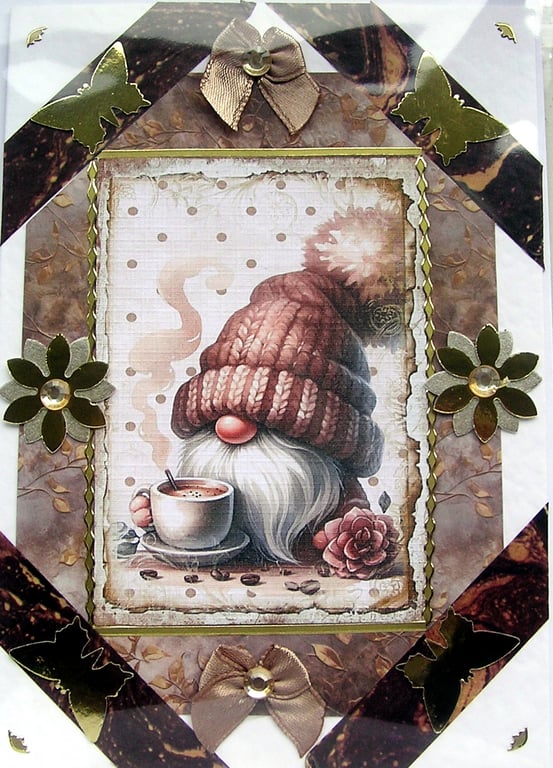 Coffee Drinking Gnome - Hand Crafted Decoupage Greeting Card - Blank 2825