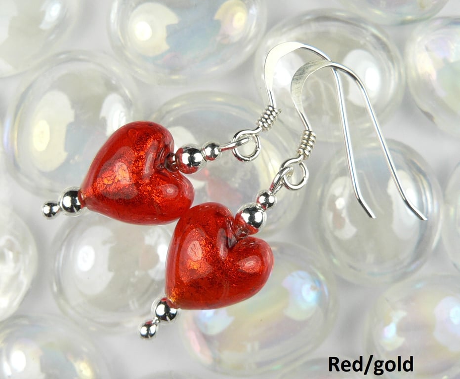 Red Murano glass heart drop earrings, sterling silver, 10mm, in gift box
