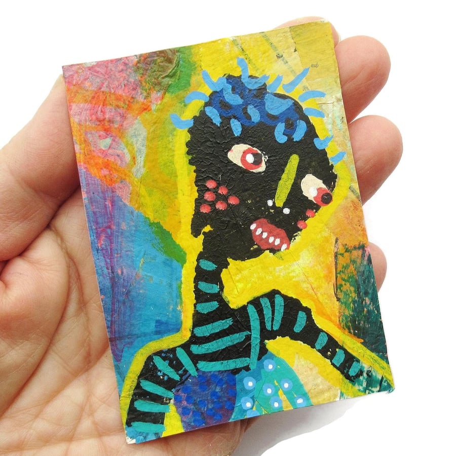 Miniature Outsider Art ACEO ATC Face Portrait Surreal Black Figure Painting 