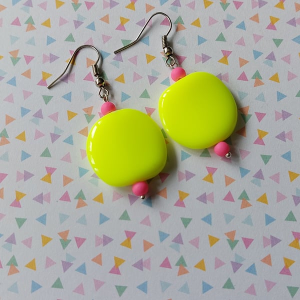 Beaded Neon Square Earrings - Yellow 