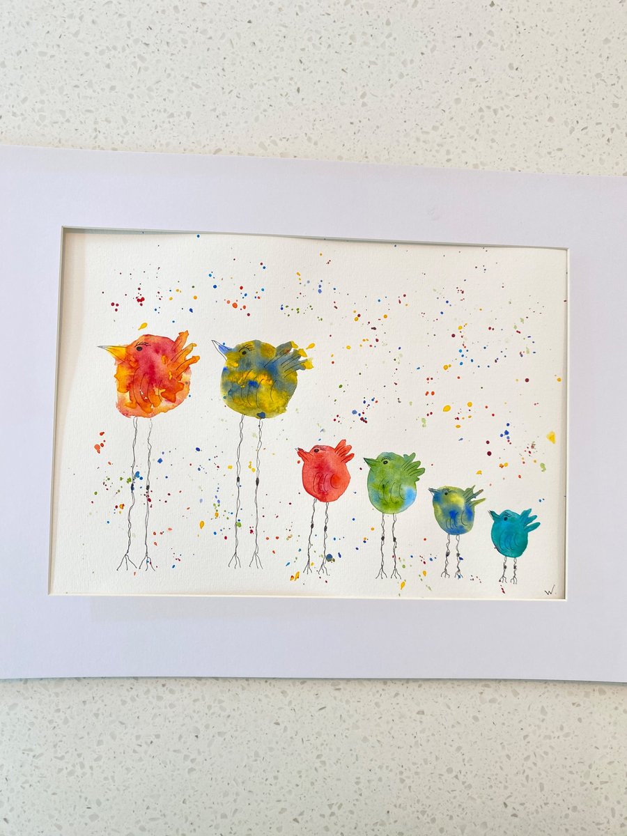 Family of Six Leggy Birds watercolour painting. Size A4.    