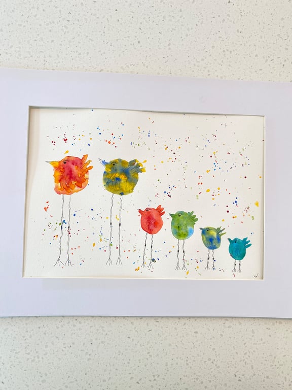 Family of Six Leggy Birds watercolour painting. Size A4.    