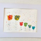 Family of Six Leggy Birds watercolour painting. Size A4.    