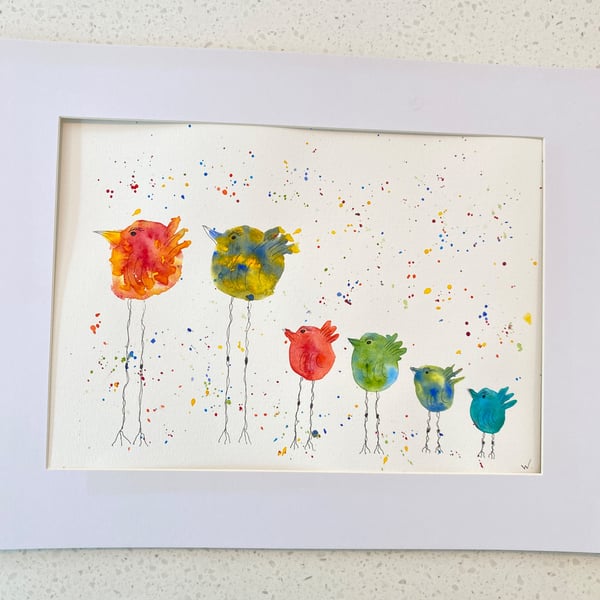 Family of Six Leggy Birds watercolour painting. Size A4.    