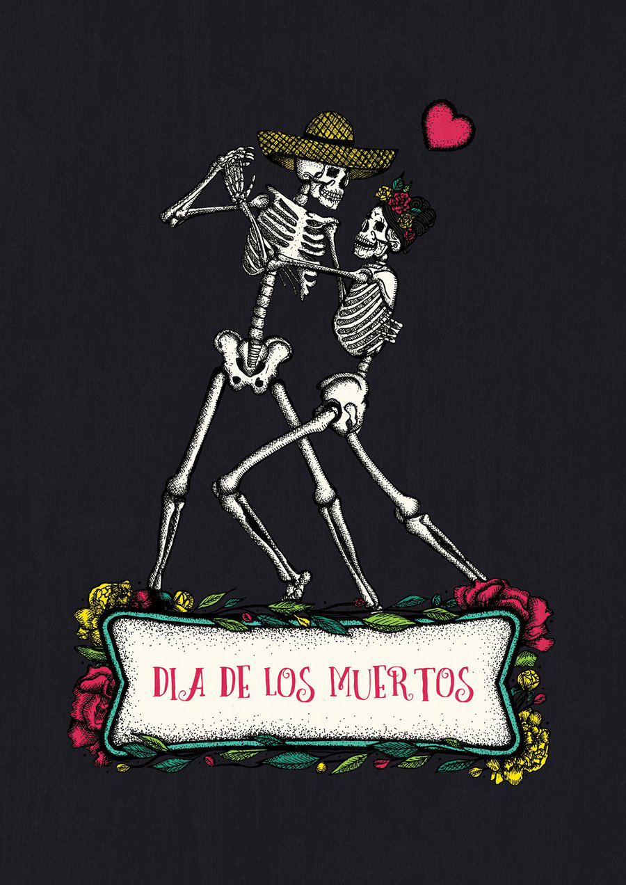 Day of the Dead, Dia de los muertos, Dancing Skeletons, A3 Art Print