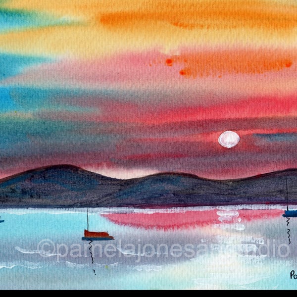 Sunset, Watercolour Print, in 14 x 11 '' Mount