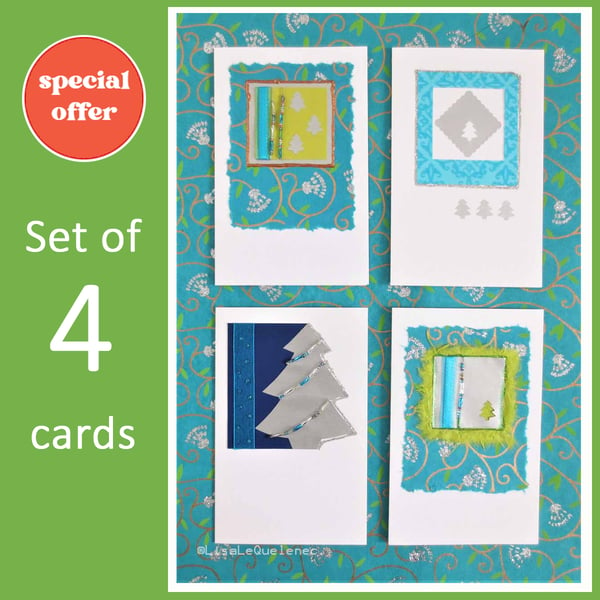 Set of four handmade Christmas Tree themed cards in blue, green(d)