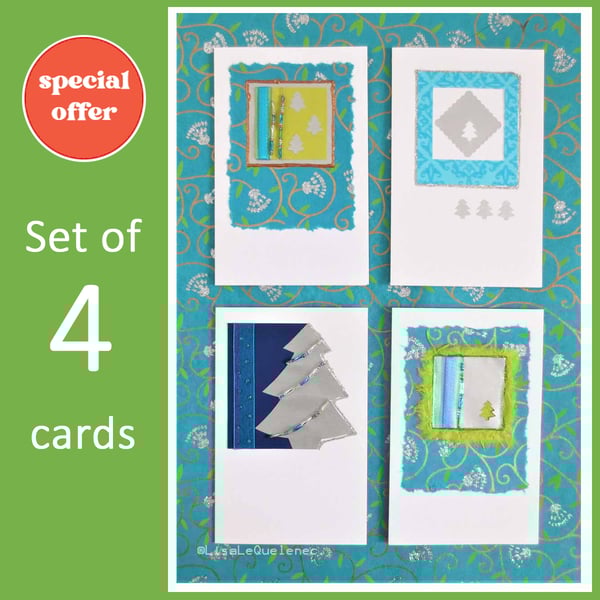 Set of four handmade Christmas Tree themed cards in blue, green(d)