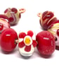 Handmade Lampwork Glass Bead Set Red Flower Raised Polka Dots Jewellery Supplies