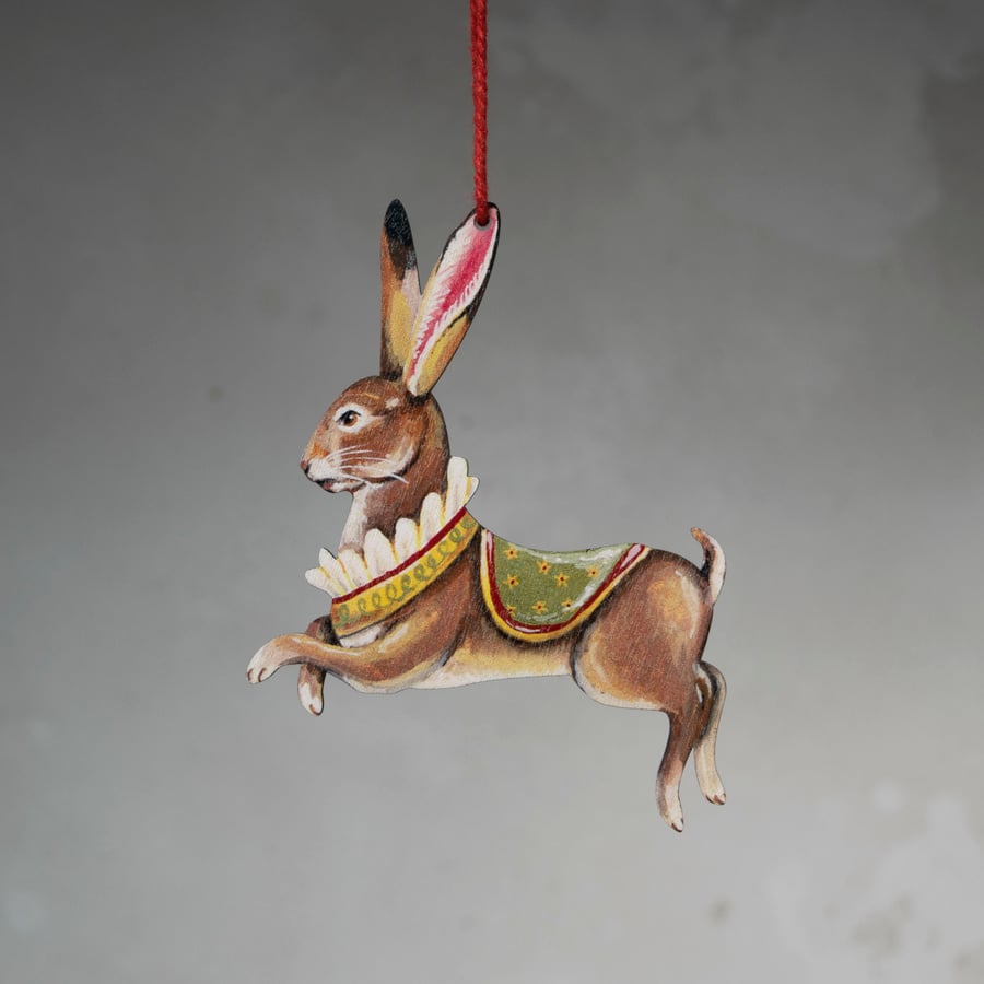 Wooden hanging decoration of a hare called Percy- double sided