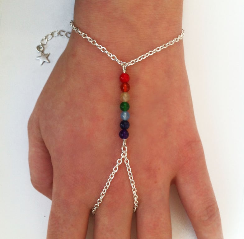 Chakra Gemstone New Age Slave Chain Hand Harness Bracelet Silver Plate 